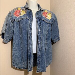 Vtg Pretty Bleu Denim Jean Shirt Jacket Acid Wash Floral Rhinestone short sleeve